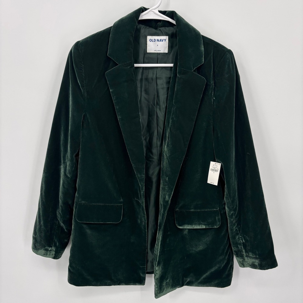 Old Navy Party Blazer Women Size S Green New Velvet Notched Lapel Lined Pocket